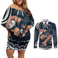 Personalized Carlton Blues Rugby Couples Matching Off Shoulder Short Dress and Long Sleeve Button Shirt Aboriginal Dot Art - Dreamtime Football Mascot
