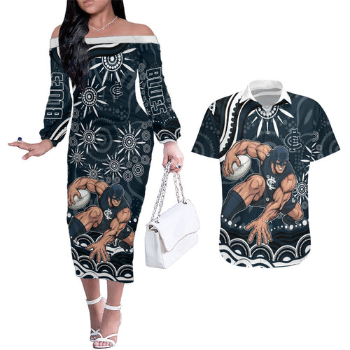 Personalized Carlton Blues Rugby Couples Matching Off The Shoulder Long Sleeve Dress and Hawaiian Shirt Aboriginal Dot Art - Dreamtime Football Mascot