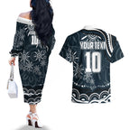 Personalized Carlton Blues Rugby Couples Matching Off The Shoulder Long Sleeve Dress and Hawaiian Shirt Aboriginal Dot Art - Dreamtime Football Mascot