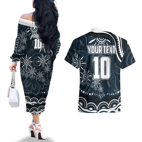 Personalized Carlton Blues Rugby Couples Matching Off The Shoulder Long Sleeve Dress and Hawaiian Shirt Aboriginal Dot Art - Dreamtime Football Mascot