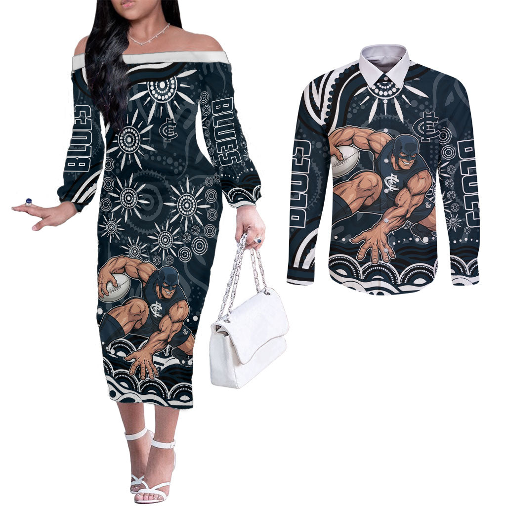 Personalized Carlton Blues Rugby Couples Matching Off The Shoulder Long Sleeve Dress and Long Sleeve Button Shirt Aboriginal Dot Art - Dreamtime Football Mascot