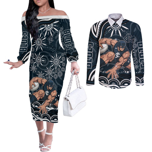Personalized Carlton Blues Rugby Couples Matching Off The Shoulder Long Sleeve Dress and Long Sleeve Button Shirt Aboriginal Dot Art - Dreamtime Football Mascot
