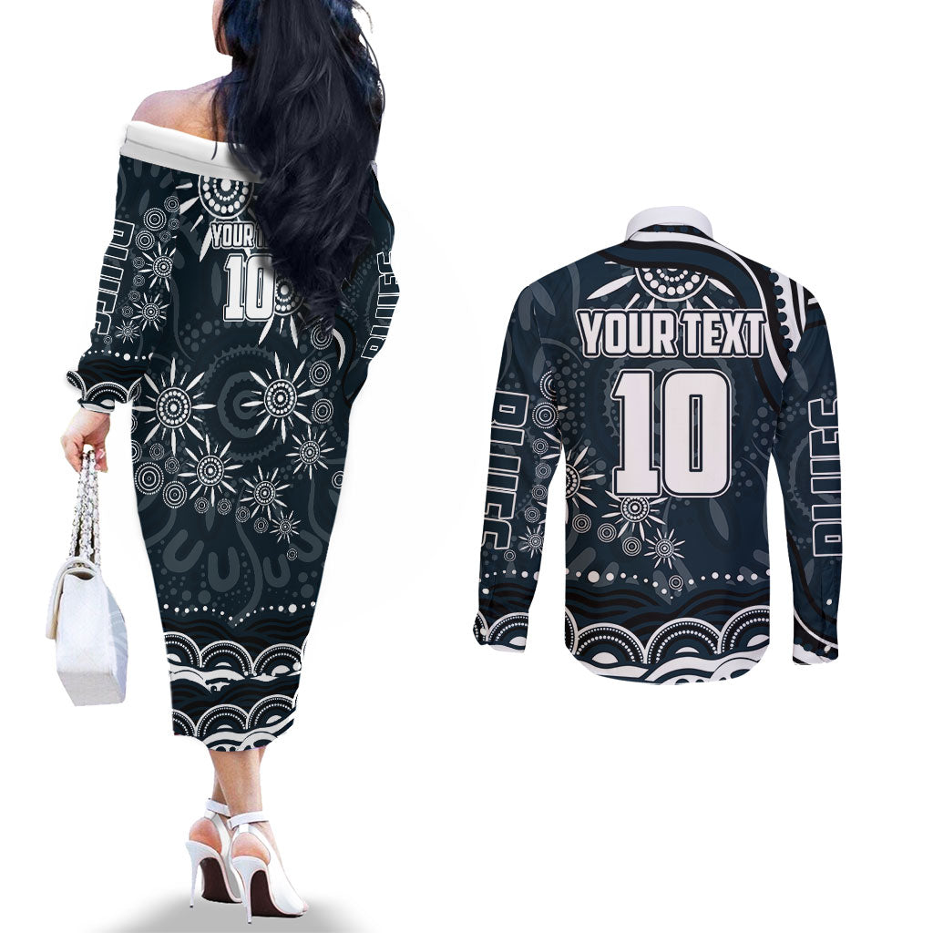 Personalized Carlton Blues Rugby Couples Matching Off The Shoulder Long Sleeve Dress and Long Sleeve Button Shirt Aboriginal Dot Art - Dreamtime Football Mascot