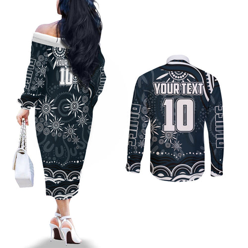 Personalized Carlton Blues Rugby Couples Matching Off The Shoulder Long Sleeve Dress and Long Sleeve Button Shirt Aboriginal Dot Art - Dreamtime Football Mascot