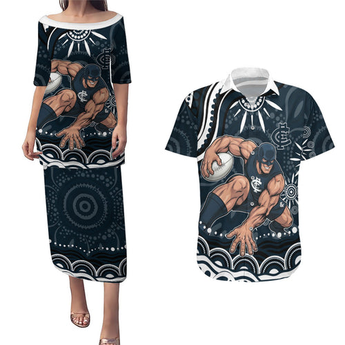 Personalized Carlton Blues Rugby Couples Matching Puletasi and Hawaiian Shirt Aboriginal Dot Art - Dreamtime Football Mascot