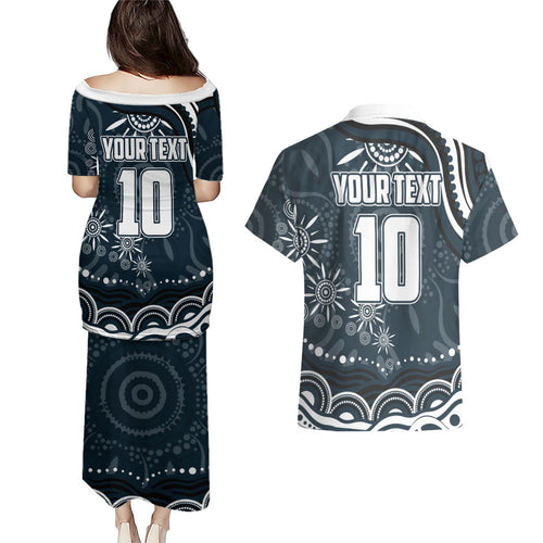 Personalized Carlton Blues Rugby Couples Matching Puletasi and Hawaiian Shirt Aboriginal Dot Art - Dreamtime Football Mascot
