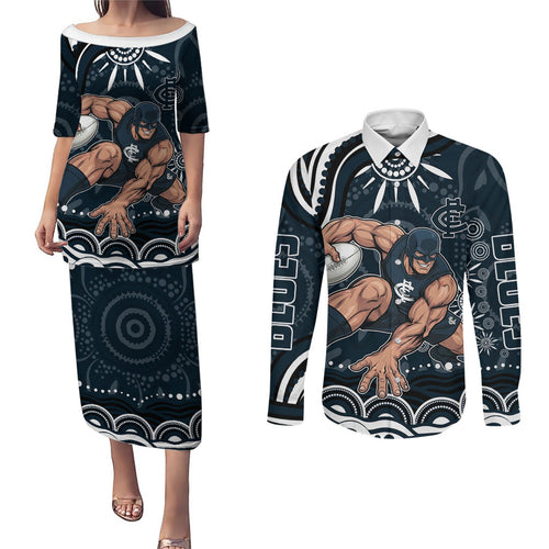 Personalized Carlton Blues Rugby Couples Matching Puletasi and Long Sleeve Button Shirt Aboriginal Dot Art - Dreamtime Football Mascot
