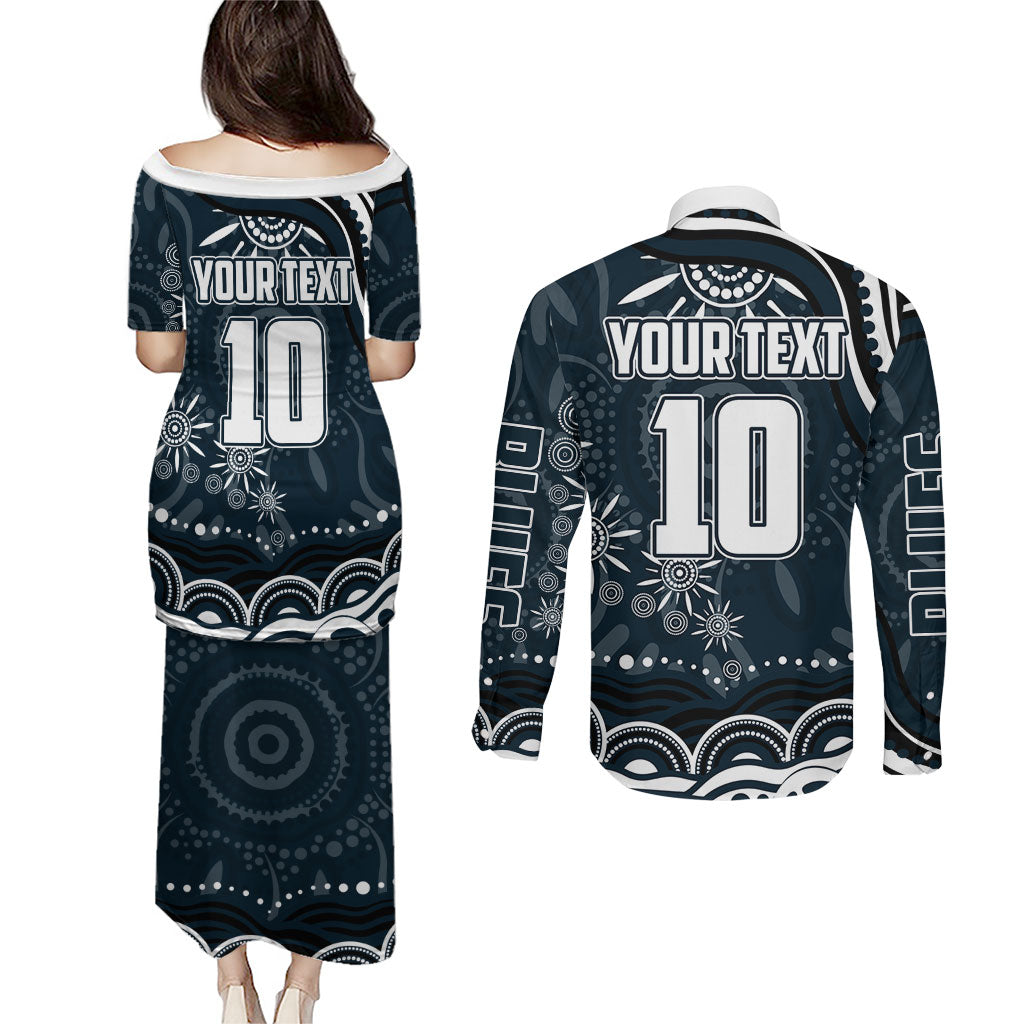Personalized Carlton Blues Rugby Couples Matching Puletasi and Long Sleeve Button Shirt Aboriginal Dot Art - Dreamtime Football Mascot