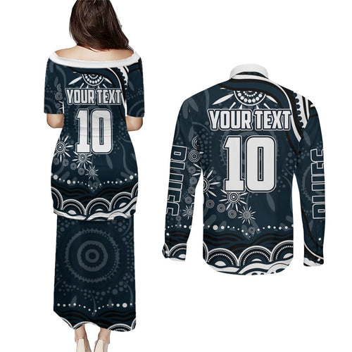 Personalized Carlton Blues Rugby Couples Matching Puletasi and Long Sleeve Button Shirt Aboriginal Dot Art - Dreamtime Football Mascot
