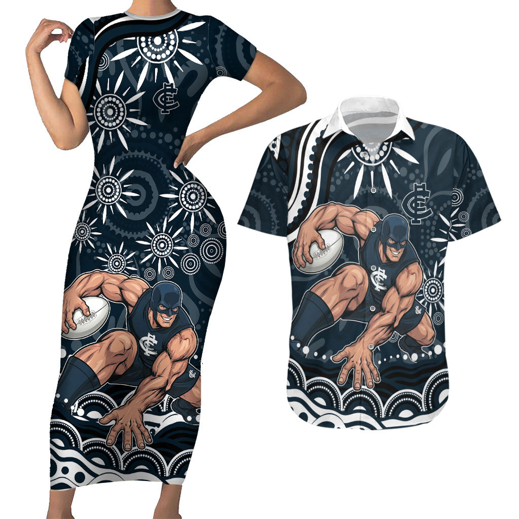 Personalized Carlton Blues Rugby Couples Matching Short Sleeve Bodycon Dress and Hawaiian Shirt Aboriginal Dot Art - Dreamtime Football Mascot