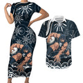 Personalized Carlton Blues Rugby Couples Matching Short Sleeve Bodycon Dress and Hawaiian Shirt Aboriginal Dot Art - Dreamtime Football Mascot
