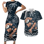 Personalized Carlton Blues Rugby Couples Matching Short Sleeve Bodycon Dress and Hawaiian Shirt Aboriginal Dot Art - Dreamtime Football Mascot