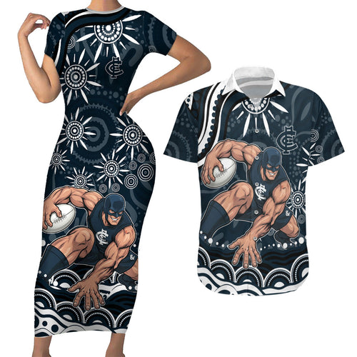 Personalized Carlton Blues Rugby Couples Matching Short Sleeve Bodycon Dress and Hawaiian Shirt Aboriginal Dot Art - Dreamtime Football Mascot