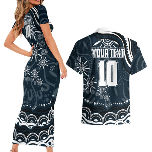 Personalized Carlton Blues Rugby Couples Matching Short Sleeve Bodycon Dress and Hawaiian Shirt Aboriginal Dot Art - Dreamtime Football Mascot