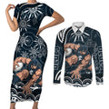 Personalized Carlton Blues Rugby Couples Matching Short Sleeve Bodycon Dress and Long Sleeve Button Shirt Aboriginal Dot Art - Dreamtime Football Mascot
