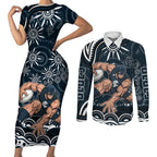 Personalized Carlton Blues Rugby Couples Matching Short Sleeve Bodycon Dress and Long Sleeve Button Shirt Aboriginal Dot Art - Dreamtime Football Mascot