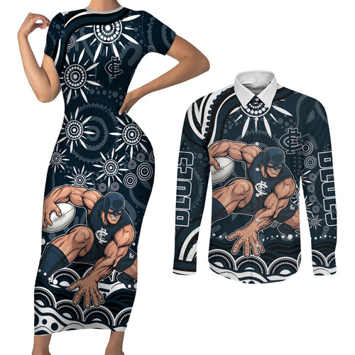 Personalized Carlton Blues Rugby Couples Matching Short Sleeve Bodycon Dress and Long Sleeve Button Shirt Aboriginal Dot Art - Dreamtime Football Mascot