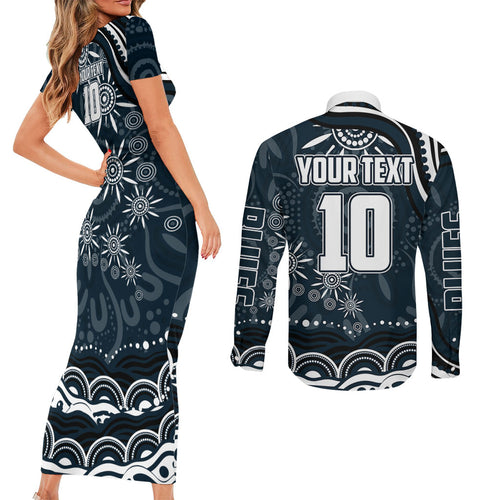 Personalized Carlton Blues Rugby Couples Matching Short Sleeve Bodycon Dress and Long Sleeve Button Shirt Aboriginal Dot Art - Dreamtime Football Mascot