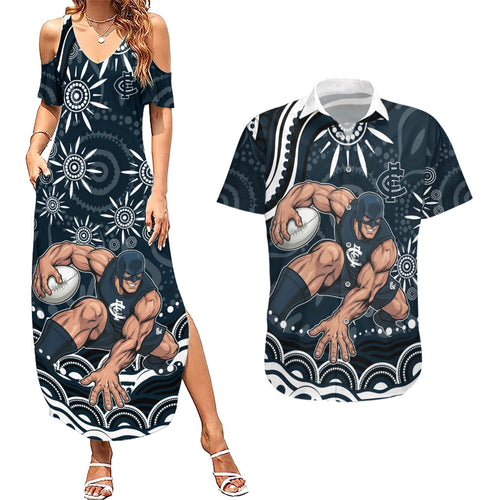 Personalized Carlton Blues Rugby Couples Matching Summer Maxi Dress and Hawaiian Shirt Aboriginal Dot Art - Dreamtime Football Mascot