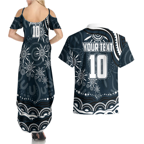Personalized Carlton Blues Rugby Couples Matching Summer Maxi Dress and Hawaiian Shirt Aboriginal Dot Art - Dreamtime Football Mascot