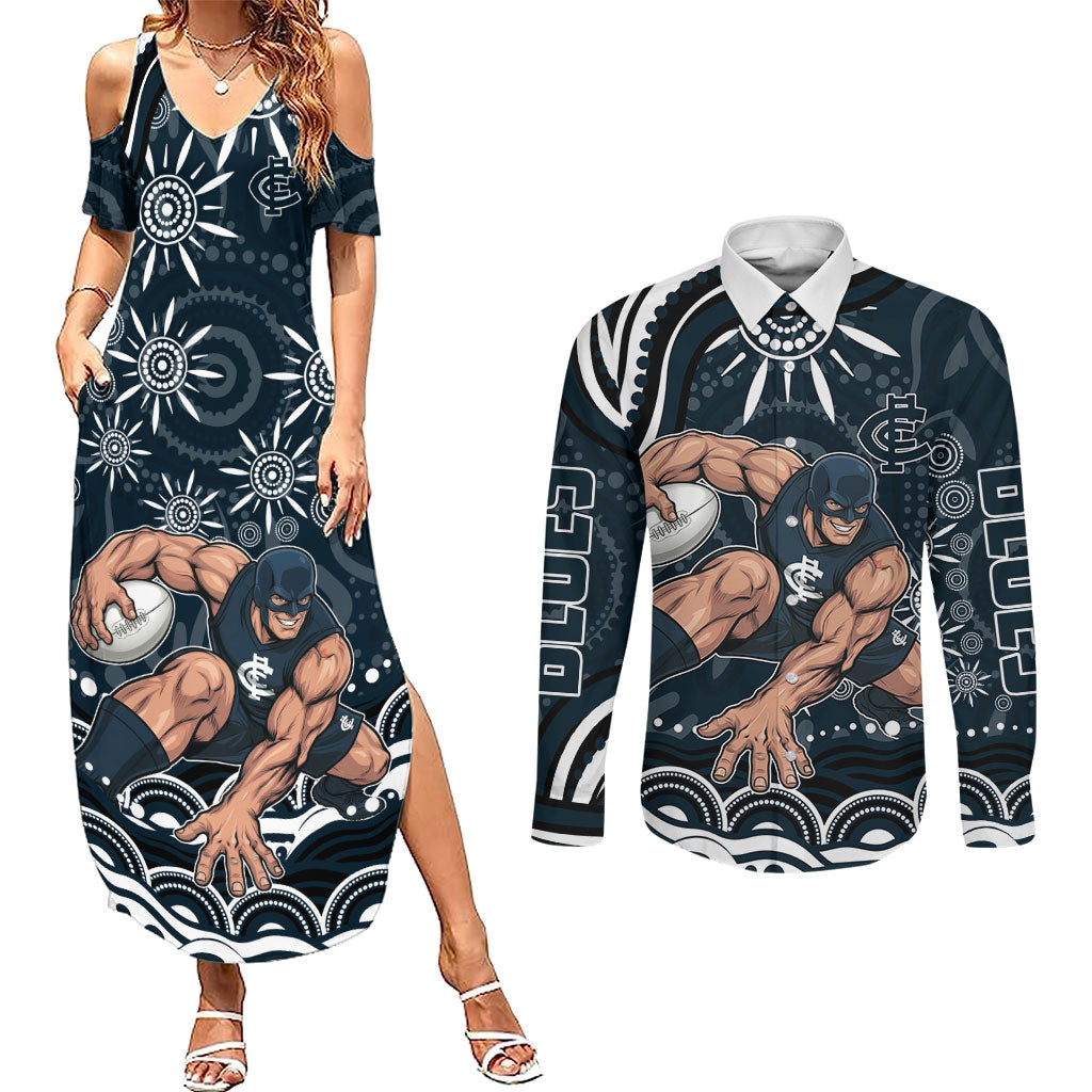 Personalized Carlton Blues Rugby Couples Matching Summer Maxi Dress and Long Sleeve Button Shirt Aboriginal Dot Art - Dreamtime Football Mascot