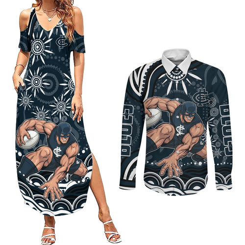 Personalized Carlton Blues Rugby Couples Matching Summer Maxi Dress and Long Sleeve Button Shirt Aboriginal Dot Art - Dreamtime Football Mascot
