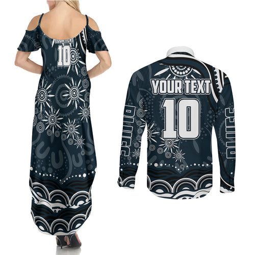 Personalized Carlton Blues Rugby Couples Matching Summer Maxi Dress and Long Sleeve Button Shirt Aboriginal Dot Art - Dreamtime Football Mascot