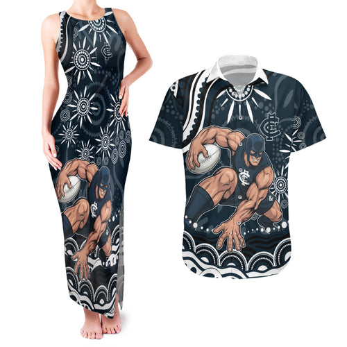 Personalized Carlton Blues Rugby Couples Matching Tank Maxi Dress and Hawaiian Shirt Aboriginal Dot Art - Dreamtime Football Mascot