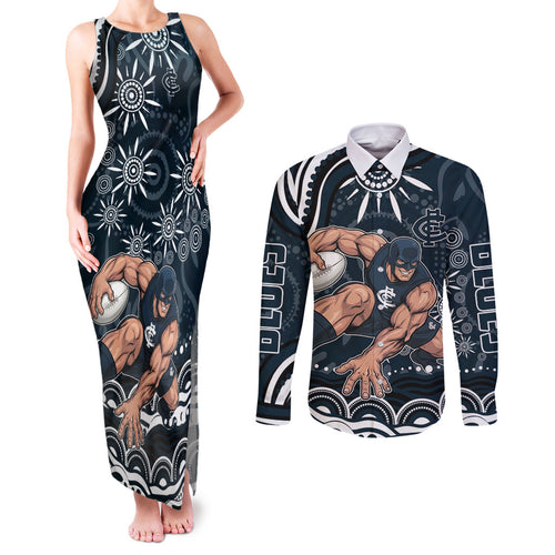Personalized Carlton Blues Rugby Couples Matching Tank Maxi Dress and Long Sleeve Button Shirt Aboriginal Dot Art - Dreamtime Football Mascot