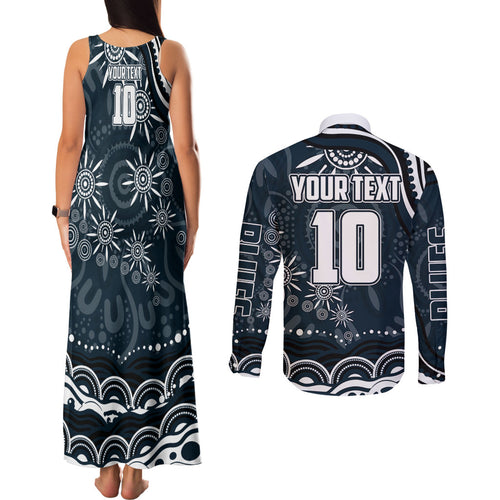 Personalized Carlton Blues Rugby Couples Matching Tank Maxi Dress and Long Sleeve Button Shirt Aboriginal Dot Art - Dreamtime Football Mascot