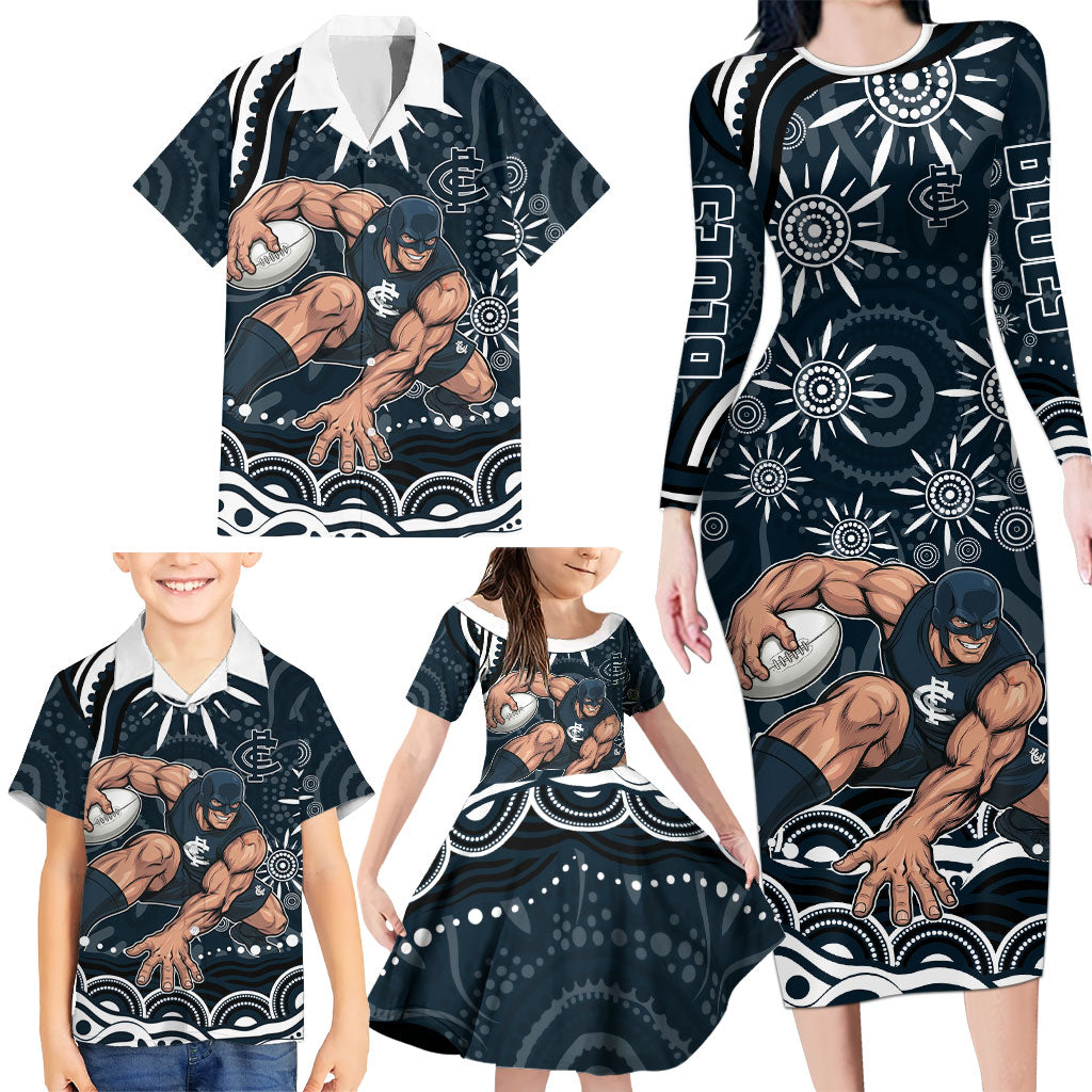 Personalized Carlton Blues Rugby Family Matching Long Sleeve Bodycon Dress and Hawaiian Shirt Aboriginal Dot Art - Dreamtime Football Mascot