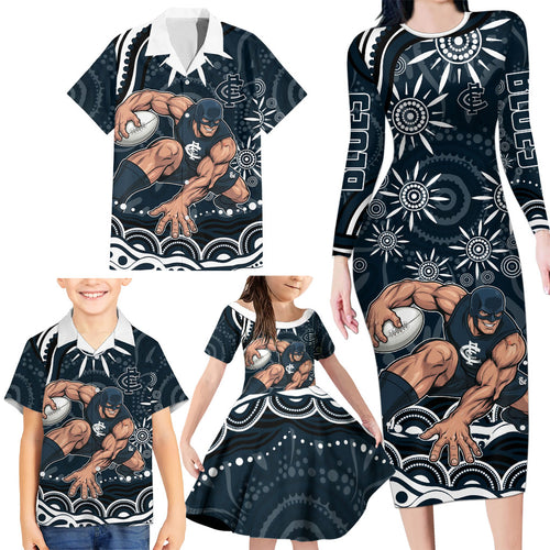 Personalized Carlton Blues Rugby Family Matching Long Sleeve Bodycon Dress and Hawaiian Shirt Aboriginal Dot Art - Dreamtime Football Mascot