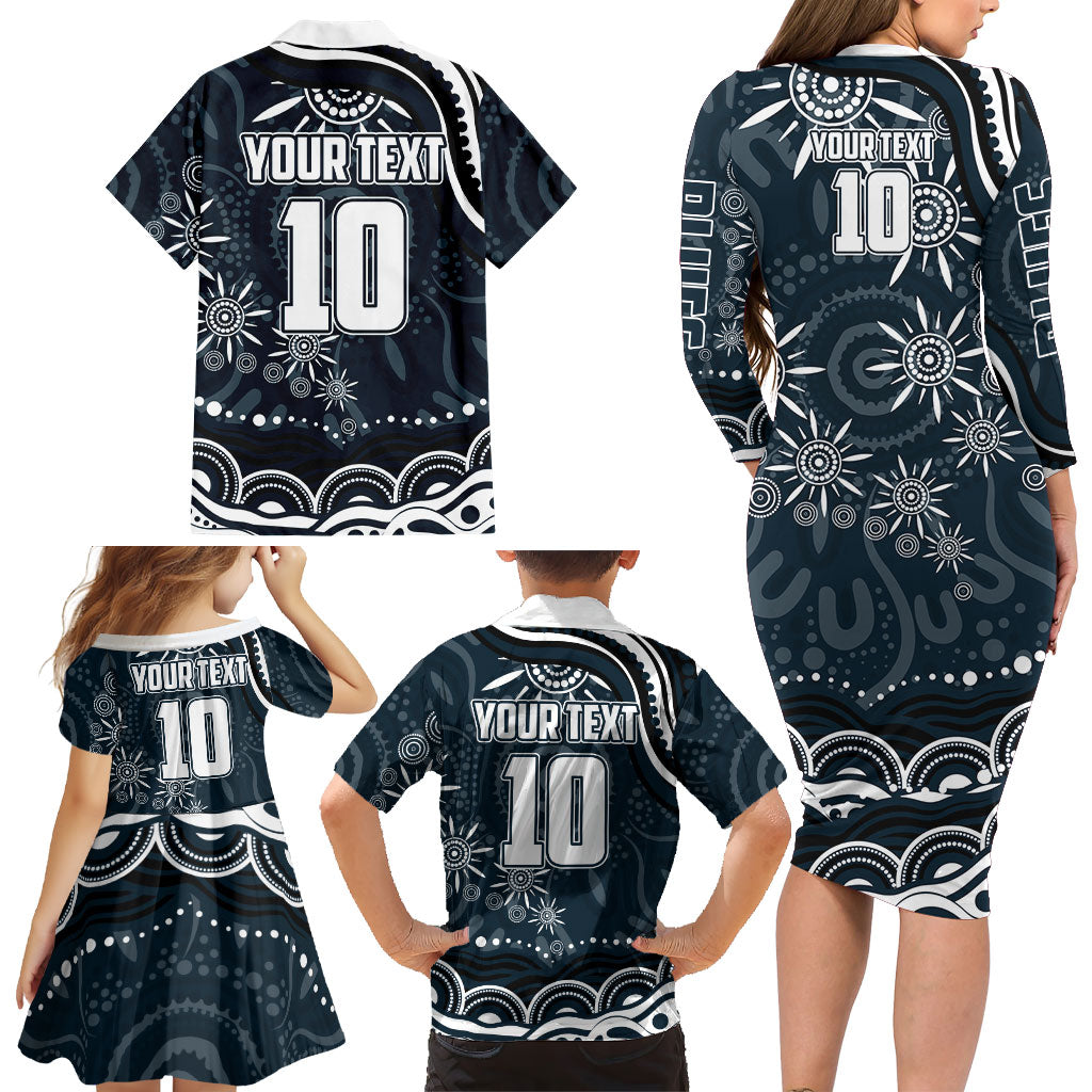 Personalized Carlton Blues Rugby Family Matching Long Sleeve Bodycon Dress and Hawaiian Shirt Aboriginal Dot Art - Dreamtime Football Mascot