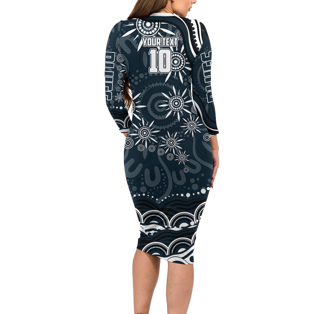 Personalized Carlton Blues Rugby Family Matching Long Sleeve Bodycon Dress and Hawaiian Shirt Aboriginal Dot Art - Dreamtime Football Mascot