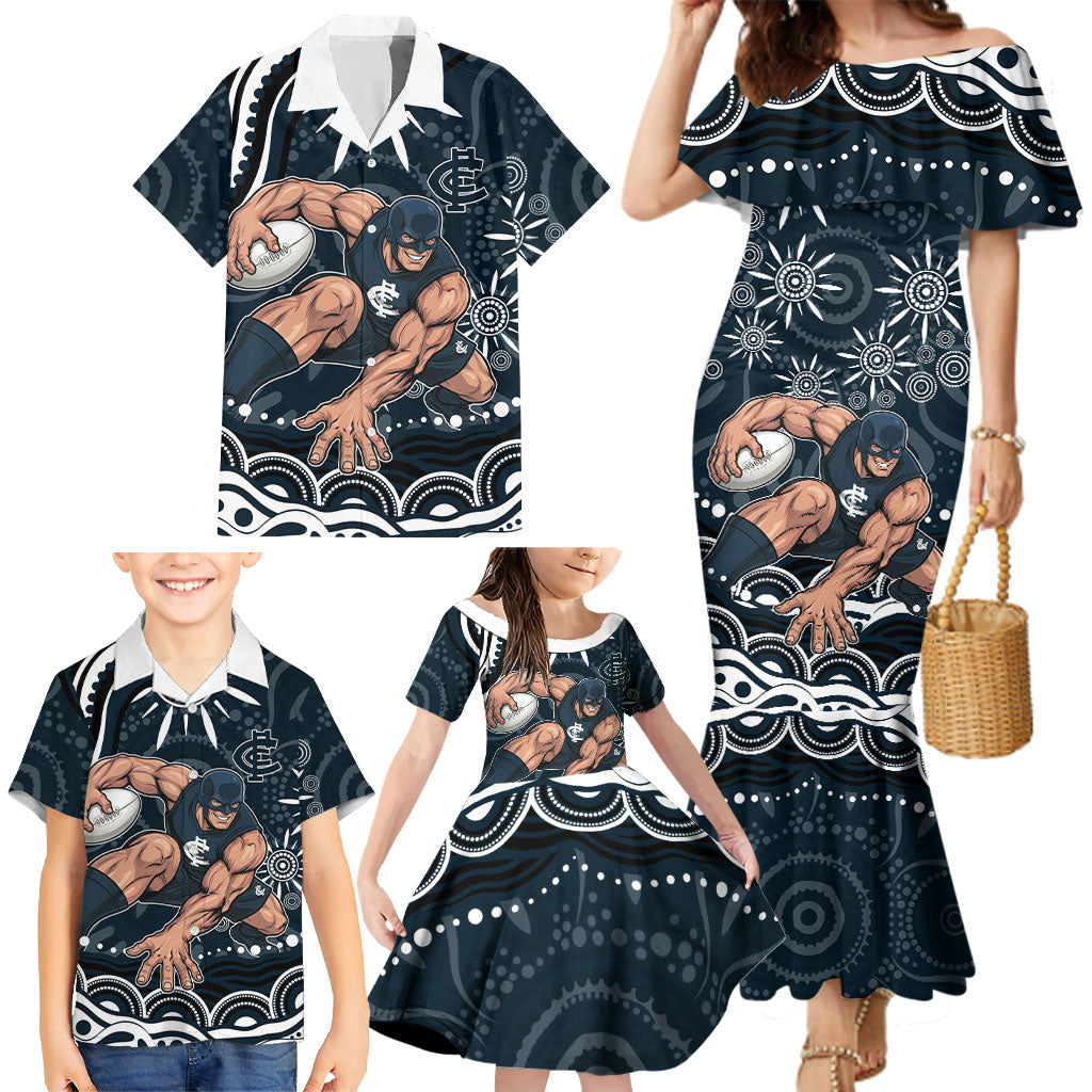 Personalized Carlton Blues Rugby Family Matching Mermaid Dress and Hawaiian Shirt Aboriginal Dot Art - Dreamtime Football Mascot