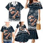Personalized Carlton Blues Rugby Family Matching Mermaid Dress and Hawaiian Shirt Aboriginal Dot Art - Dreamtime Football Mascot