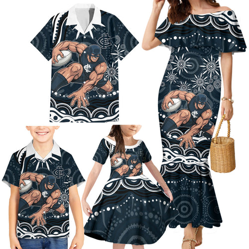 Personalized Carlton Blues Rugby Family Matching Mermaid Dress and Hawaiian Shirt Aboriginal Dot Art - Dreamtime Football Mascot