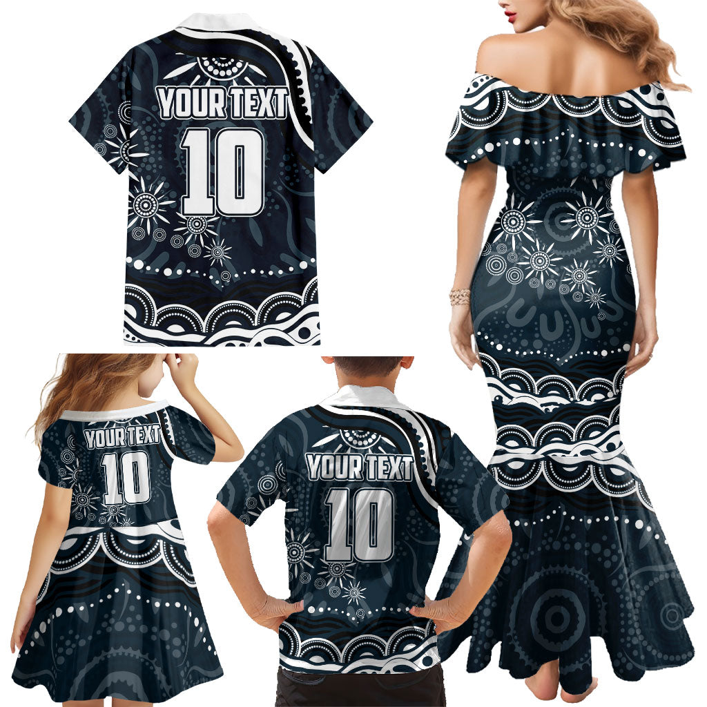 Personalized Carlton Blues Rugby Family Matching Mermaid Dress and Hawaiian Shirt Aboriginal Dot Art - Dreamtime Football Mascot