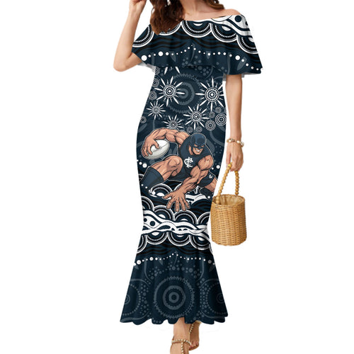 Personalized Carlton Blues Rugby Family Matching Mermaid Dress and Hawaiian Shirt Aboriginal Dot Art - Dreamtime Football Mascot