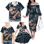 Personalized Carlton Blues Rugby Family Matching Off The Shoulder Long Sleeve Dress and Hawaiian Shirt Aboriginal Dot Art - Dreamtime Football Mascot