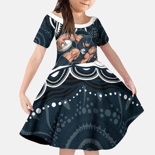 Personalized Carlton Blues Rugby Family Matching Off The Shoulder Long Sleeve Dress and Hawaiian Shirt Aboriginal Dot Art - Dreamtime Football Mascot