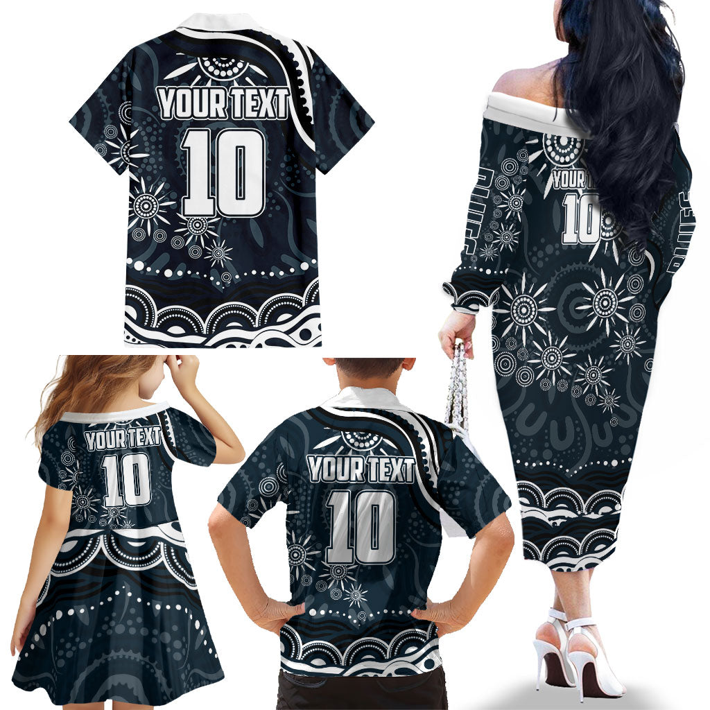 Personalized Carlton Blues Rugby Family Matching Off The Shoulder Long Sleeve Dress and Hawaiian Shirt Aboriginal Dot Art - Dreamtime Football Mascot