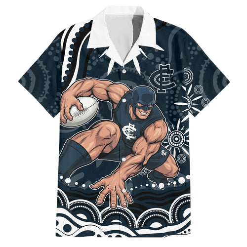 Personalized Carlton Blues Rugby Family Matching Off The Shoulder Long Sleeve Dress and Hawaiian Shirt Aboriginal Dot Art - Dreamtime Football Mascot