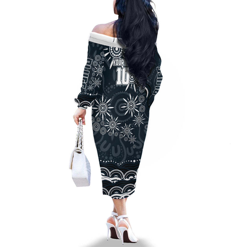 Personalized Carlton Blues Rugby Family Matching Off The Shoulder Long Sleeve Dress and Hawaiian Shirt Aboriginal Dot Art - Dreamtime Football Mascot