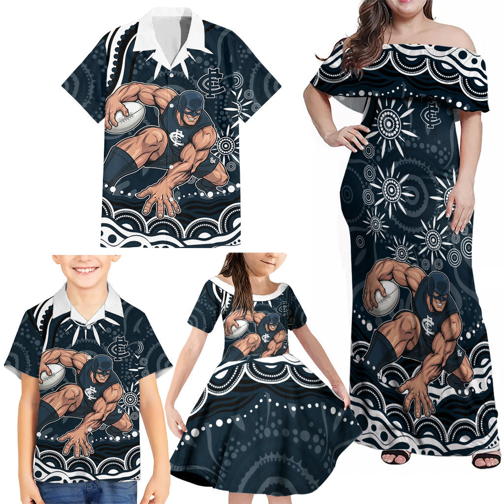 Personalized Carlton Blues Rugby Family Matching Off Shoulder Maxi Dress and Hawaiian Shirt Aboriginal Dot Art - Dreamtime Football Mascot