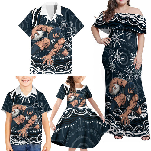 Personalized Carlton Blues Rugby Family Matching Off Shoulder Maxi Dress and Hawaiian Shirt Aboriginal Dot Art - Dreamtime Football Mascot