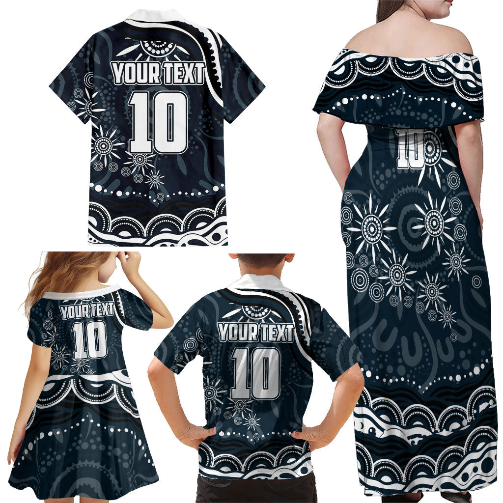Personalized Carlton Blues Rugby Family Matching Off Shoulder Maxi Dress and Hawaiian Shirt Aboriginal Dot Art - Dreamtime Football Mascot