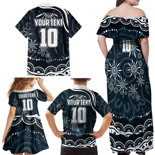 Personalized Carlton Blues Rugby Family Matching Off Shoulder Maxi Dress and Hawaiian Shirt Aboriginal Dot Art - Dreamtime Football Mascot