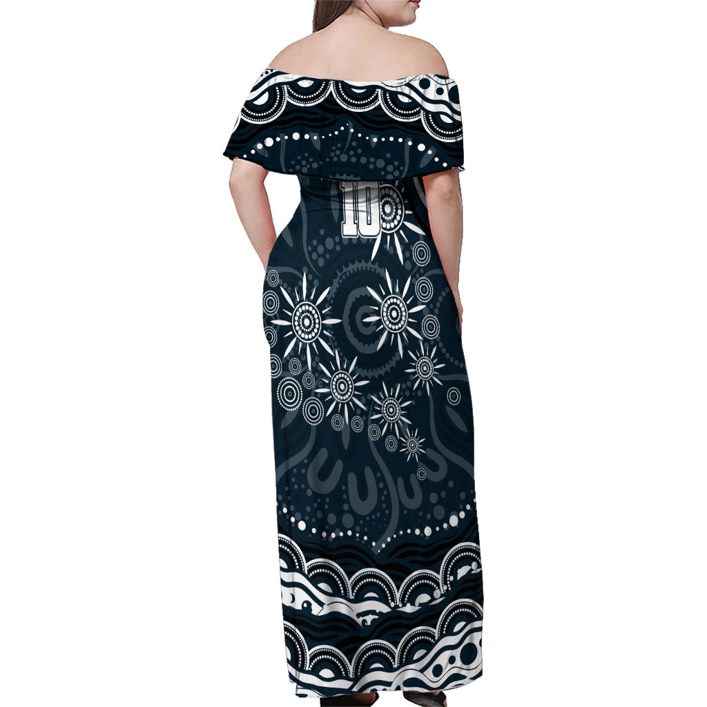 Personalized Carlton Blues Rugby Family Matching Off Shoulder Maxi Dress and Hawaiian Shirt Aboriginal Dot Art - Dreamtime Football Mascot