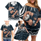 Personalized Carlton Blues Rugby Family Matching Off Shoulder Short Dress and Hawaiian Shirt Aboriginal Dot Art - Dreamtime Football Mascot